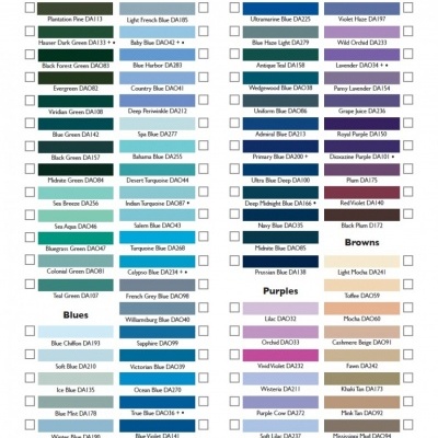 Paleta de tintas com amostras coloridas e nomes organizados em colunas