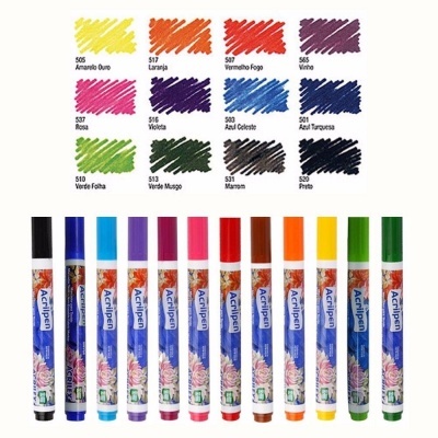 Doze lápis de cor Acrilpen com amostras de cor e nomes em fundo branco