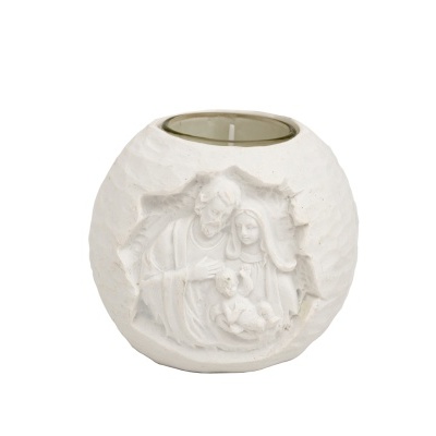 Vela em suporte cerâmico branco com relevo da Sagrada Família