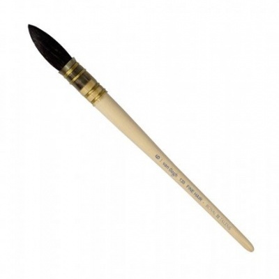 Pincel de pintura com cerdas negras e cabo de madeira bege com texto impresso