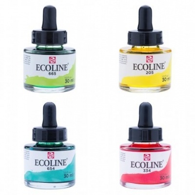 Frascos de tinta líquida Ecoline de 30 ml com gotero em quatro cores diferentes.
