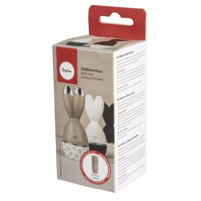 Embalagem de molde para coelho Rayher com duas figuras de coelhos cinza e branco