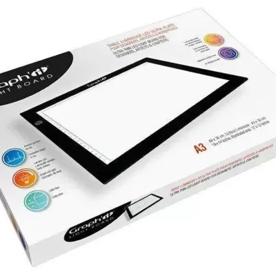Quadro luminoso Graph'it Light Board A3 em embalagem branca com moldura preta e superfície branca