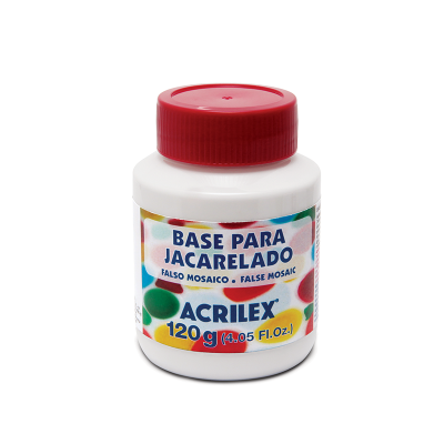 Frasco branco com tampa vermelha e rótulo colorido de base para jacarelado Acrilex