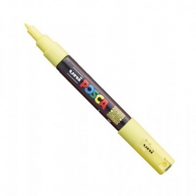 Marcador Uni Posca amarelo com tampa e corpo preto.
