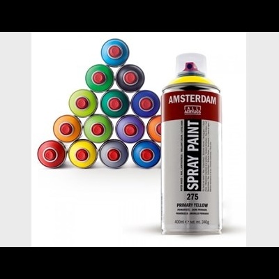 Lata de spray de tinta Amsterdam com tampas coloridas ao fundo