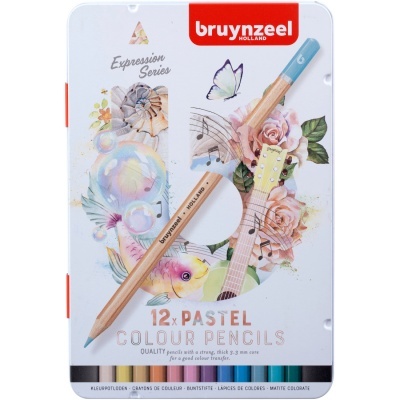 Caixa branca de lápis de cor pastel Bruynzeel com 12 lápis e desenhos coloridos