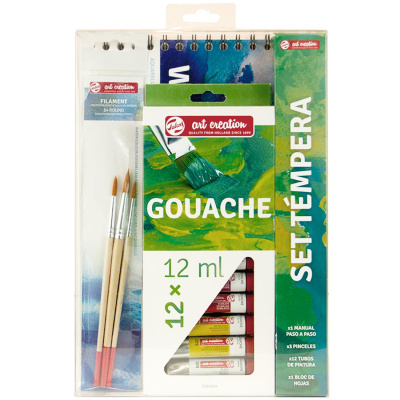 Conjunto de pintura Gouache com tubos, pincéis e bloco de papel.