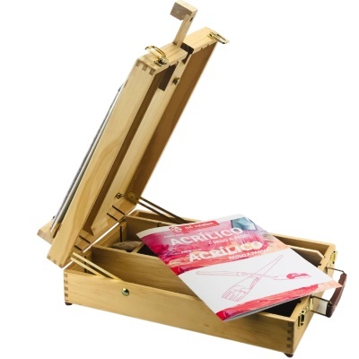 Estojo de madeira para pintura com folheto 'ACRÍLICO' e suporte para tela