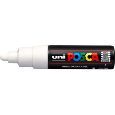 Marcador Uni Posca branco PC-7M com corpo preto e etiquetas coloridas