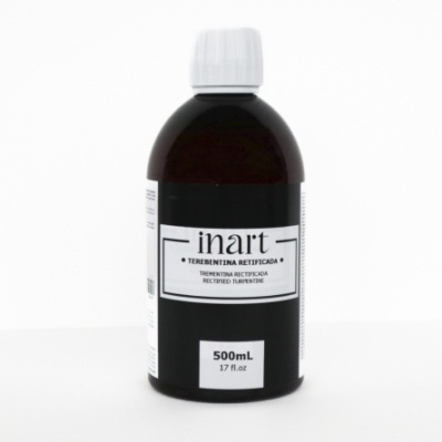 Frasco castanho com tampa branca e etiqueta branca de terebintina