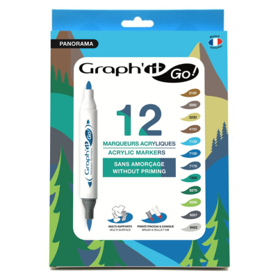Conjunto de 12 marcadores acrílicos Graphit Go! em caixa com ilustração de paisagem