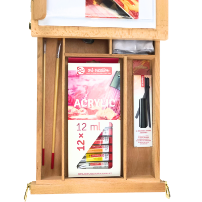 Conjunto de pintura acrílica com pincéis e tubos de tinta organizada numa caixa de madeira.