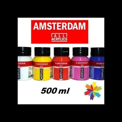 Frascos de tinta acrílica AMSTERDAM coloridos com etiquetas vermelhas e tampas pretas