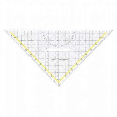 Régua triangular transparente com marcações em preto e amarelo e texto impresso
