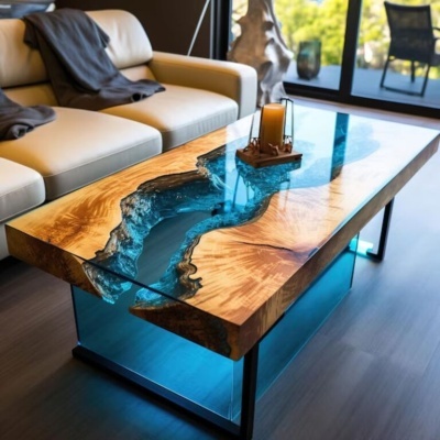 Mesa de centro em madeira clara e resina azul com base de resina azul e estrutura metálica preta junto a sofá bege e janela