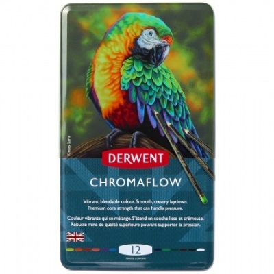Estojo metálico DERWENT CHROMAFLOW com papagaio colorido e texto do produto