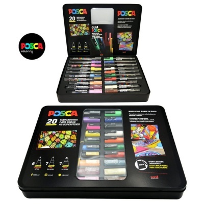 Estojo metálico aberto e fechado com 20 marcadores coloridos POSCA para todas as superfícies