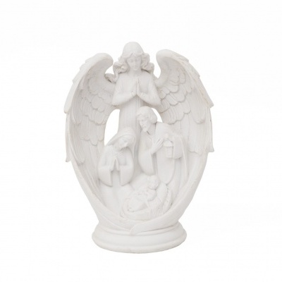 Escultura branca de anjo com três crianças