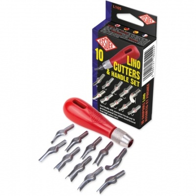 Conjunto de cortadores de lino com cabo vermelho e lâminas metálicas, com caixa preta de embalagem.