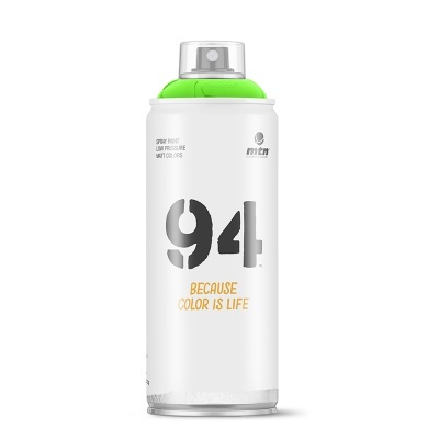 Spray de tinta em aerosol branco com tampa verde e texto '94 BECAUSE COLOR IS LIFE'.