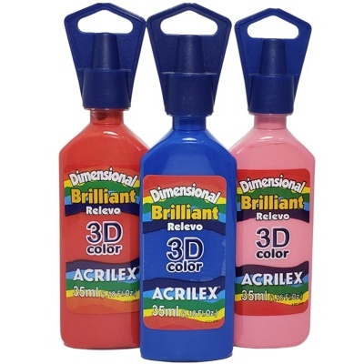 Três frascos de tinta dimensional em relevo 3D color de cores vermelho, azul e rosa da Acrilex