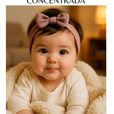 Bebé com faixa de cabelo rosa e manta creme, texto Essência Aromática Concentrada Baby 1000ml