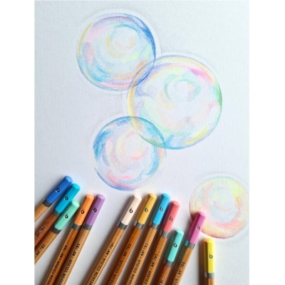 Lápis de cor B com tampas coloridas e desenhos de bolhas coloridas