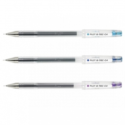 Três canetas de gel transparentes com tampa azul, azul escuro e roxa