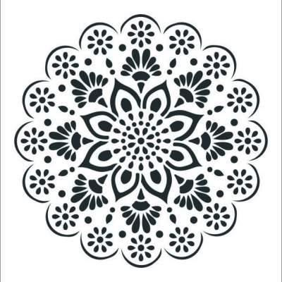 Stencil branco com padrão floral circular preto e número 001