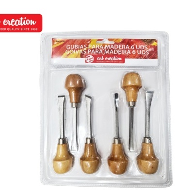 Conjunto de 6 gubias para madeira com cabos em madeira, embalagem transparente com rótulo vermelho e branco