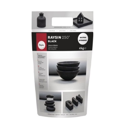 Embalagem de material RAYSIN 250° preto, 4 kg, com imagens do produto moldado.