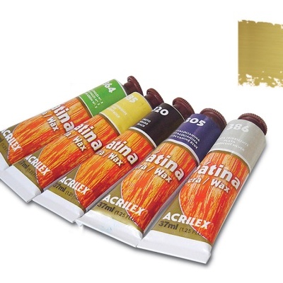 Seis tubos de tinta Acrilex e amostra dourada