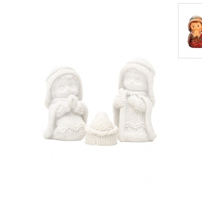 Conjunto de figuras de presépio em cerâmica branca com textura e imagem pequena a mostrar versão pintada.