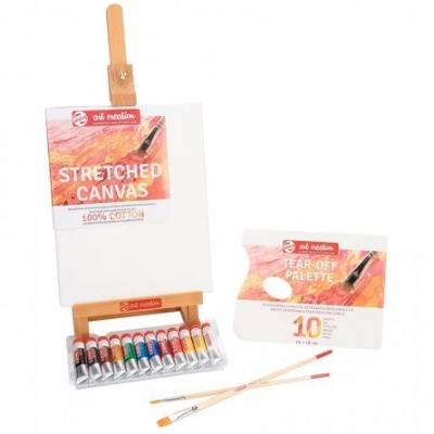Conjunto de pintura com tela, cavalete, tintas coloridas, paleta descartável e pincéis