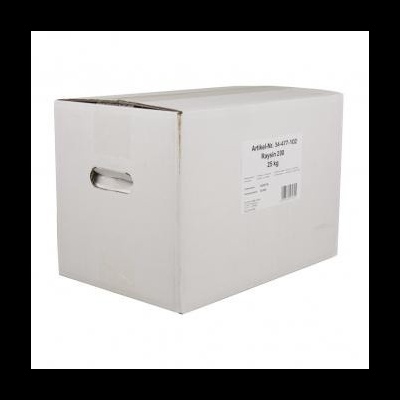 Caixa de papelão branca com etiqueta e alça de transporte