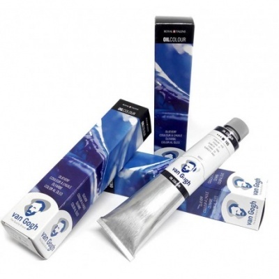 Tinta a óleo Van Gogh em tubos e embalagens azuis com desenho de montanhas