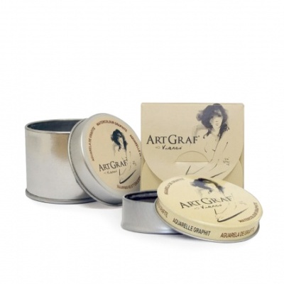 Embalagens metálicas e caixa de papel do ArtGraf Van Gogh com ilustração e texto