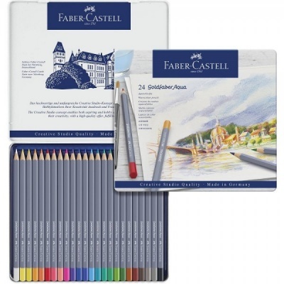 Conjunto de lápis de cor Faber-Castell Goldfaber Aqua com 24 cores em caixa metálica