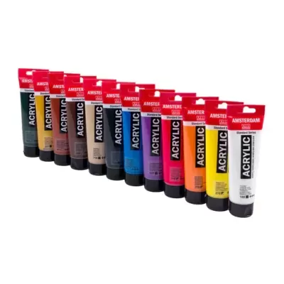Conjunto de tubos de tinta acrílica Amsterdam Standard Series, cores variadas, tampas vermelhas.