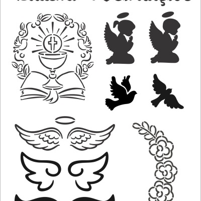 Stencil preto e branco com símbolos religiosos para batizado e texto em português.