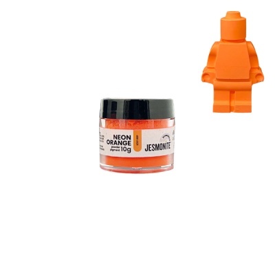 Frasco pequeno de pó pigmento laranja neon com boneco laranja ao lado