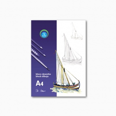 Bloco de desenho A4 com capa branca e roxa com desenho de veleiro e lápis