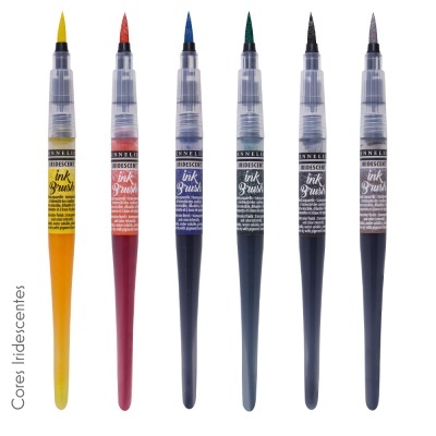 Seis canetas de tinta em pincel coloridas com corpo de plástico e tampa translúcida