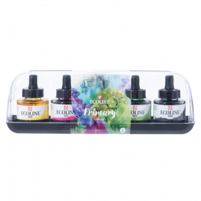 Conjunto de cinco frascos de tinta líquida Ecoline Primary Colours em base preta com tampa transparente