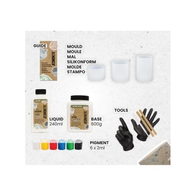 kit de moldes de silicone com líquidos, base, pigmentos, luvas e ferramentas