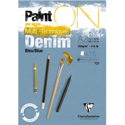 Caderno técnicas mistas azul com pincel, lápis, caneta e texto Paint ON Denim A3 250g 15 folhas