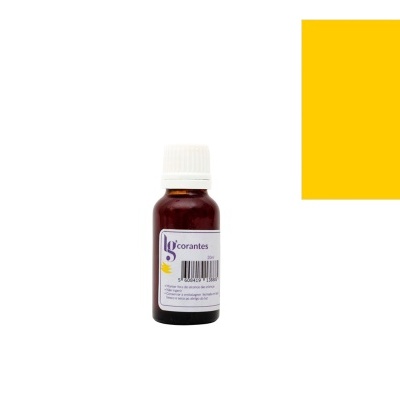 Garrafinha pequena de plástico castanho com rótulo e tampa branca ao lado de cor amarela