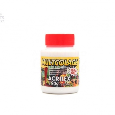 Frasco branco de cola acrílica com tampa vermelha e rótulo colorido Multcolage