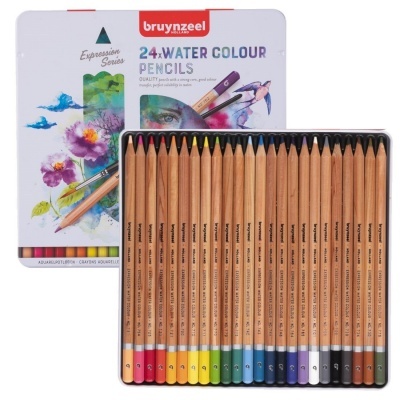 Conjunto de 24 lápis de cor aguareláveis Bruynzeel Expression Series em estojo metálico branco com ilustrações coloridas